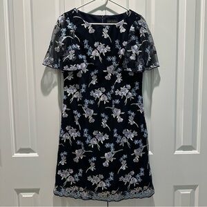 Jessica Howard Embroidered Mesh Layered Navy Knee Length Flare Dress 12